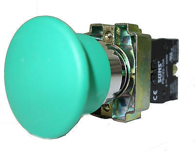 SUNS PBM22-MP-G-P5 22mm Pushbutton Metal 40mm Mushroom Head Momentary Green 1NO - Industrial Direct