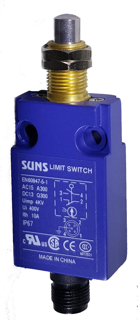 SUNS SN3121-SP-F Panel Mount Plunger Compact Limit Switch M12 Connector Bottom - Industrial Direct
